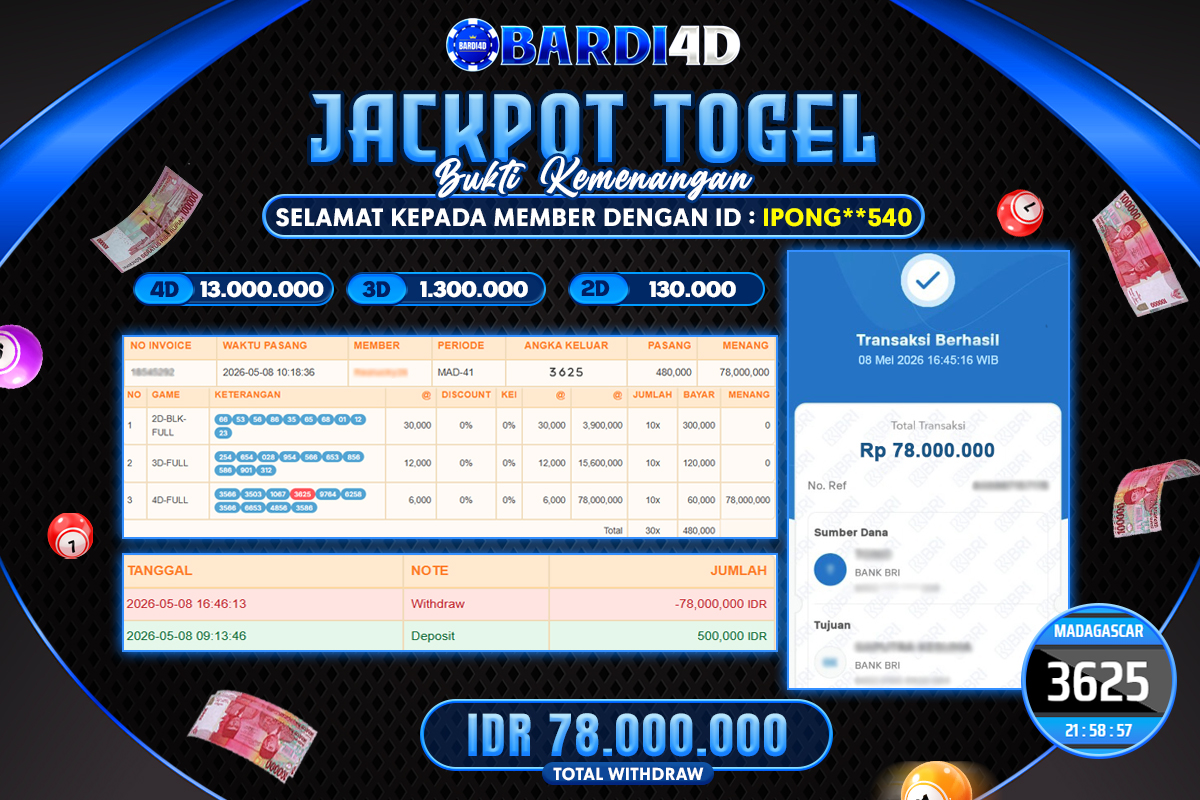 BARDI4D - BAYAR JACKPOT TOGEL MADAGASCAR TOTAL RP.78.000.000 | DIBAYAR LUNAS