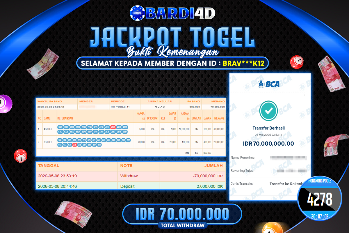 BARDI4D - BAYAR JACKPOT TOGEL HONGKONG POOLS TOTAL RP.70.000.000 | DIBAYAR LUNAS