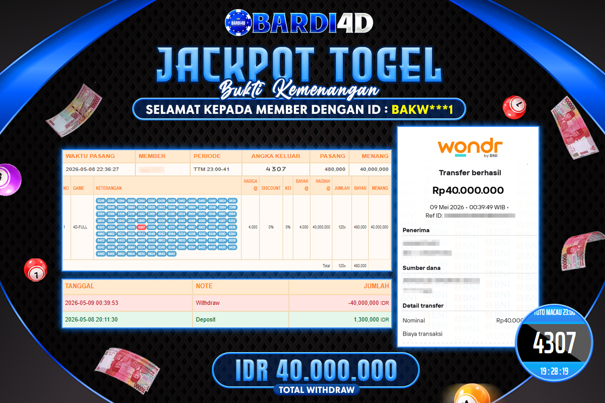 BARDI4D - BAYAR JACKPOT TOGEL TOTO MACAU 5 TOTAL RP.40.000.000 | DIBAYAR LUNAS