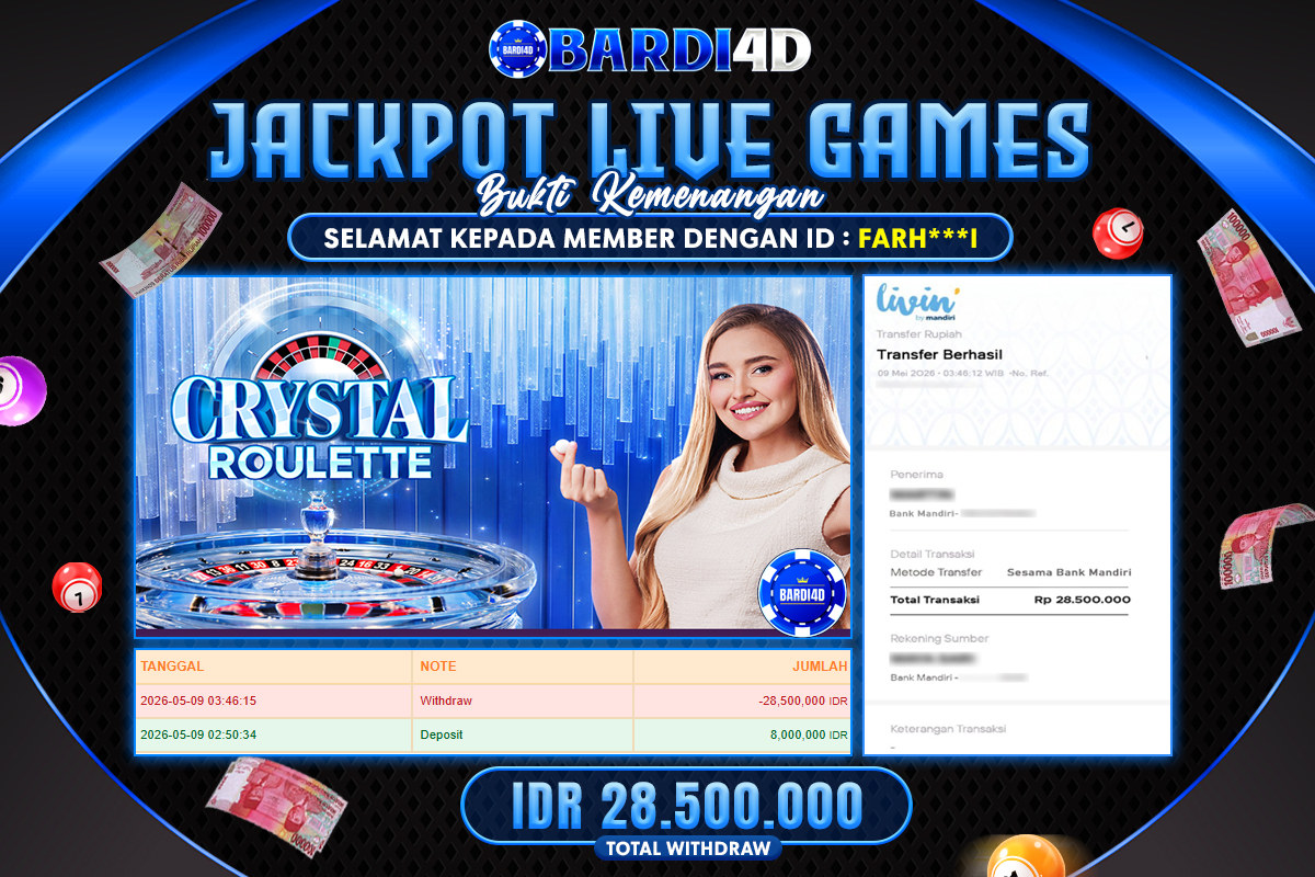BARDI4D - BAYAR JACKPOT LIVE GAMES CRYSTAL ROULETTE TOTAL RP.28.500.000 | DIBAYAR LUNAS