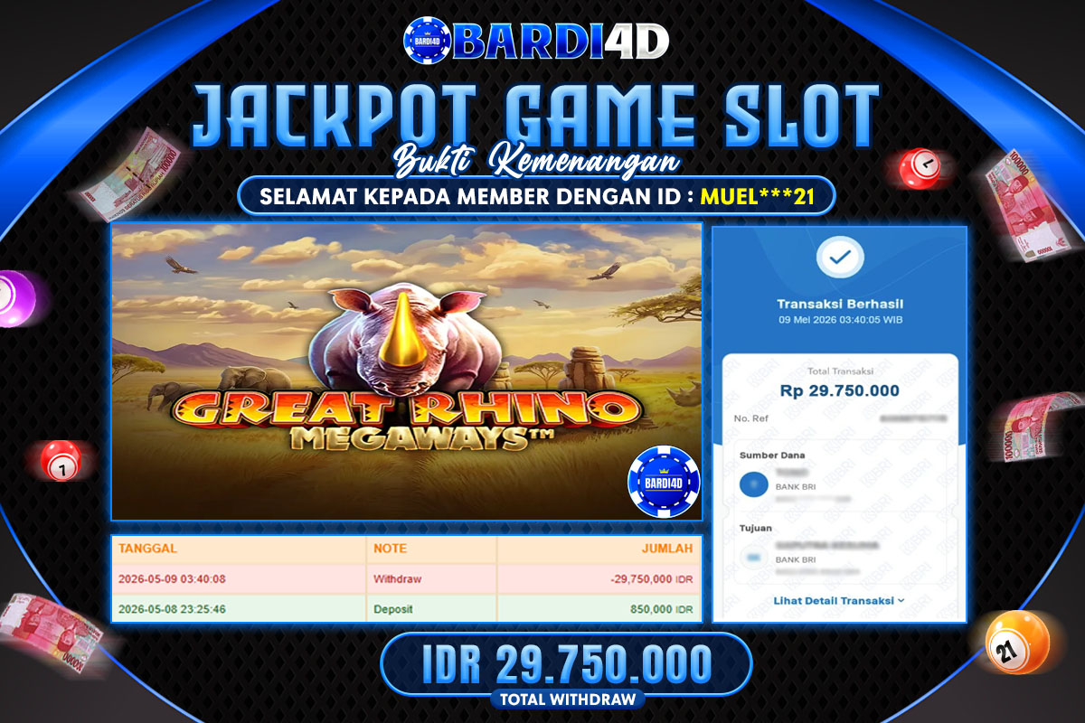 BARDI4D - BAYAR JACKPOT SLOT GREAT RHINO MEGAWAYS TOTAL RP.29.750.000 | DIBAYAR LUNAS