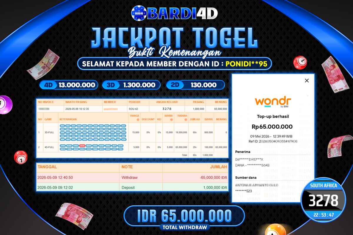 BARDI4D - BAYAR JACKPOT TOGEL SOUTH AFRICA RP.65.000.000 | DIBAYAR LUNAS