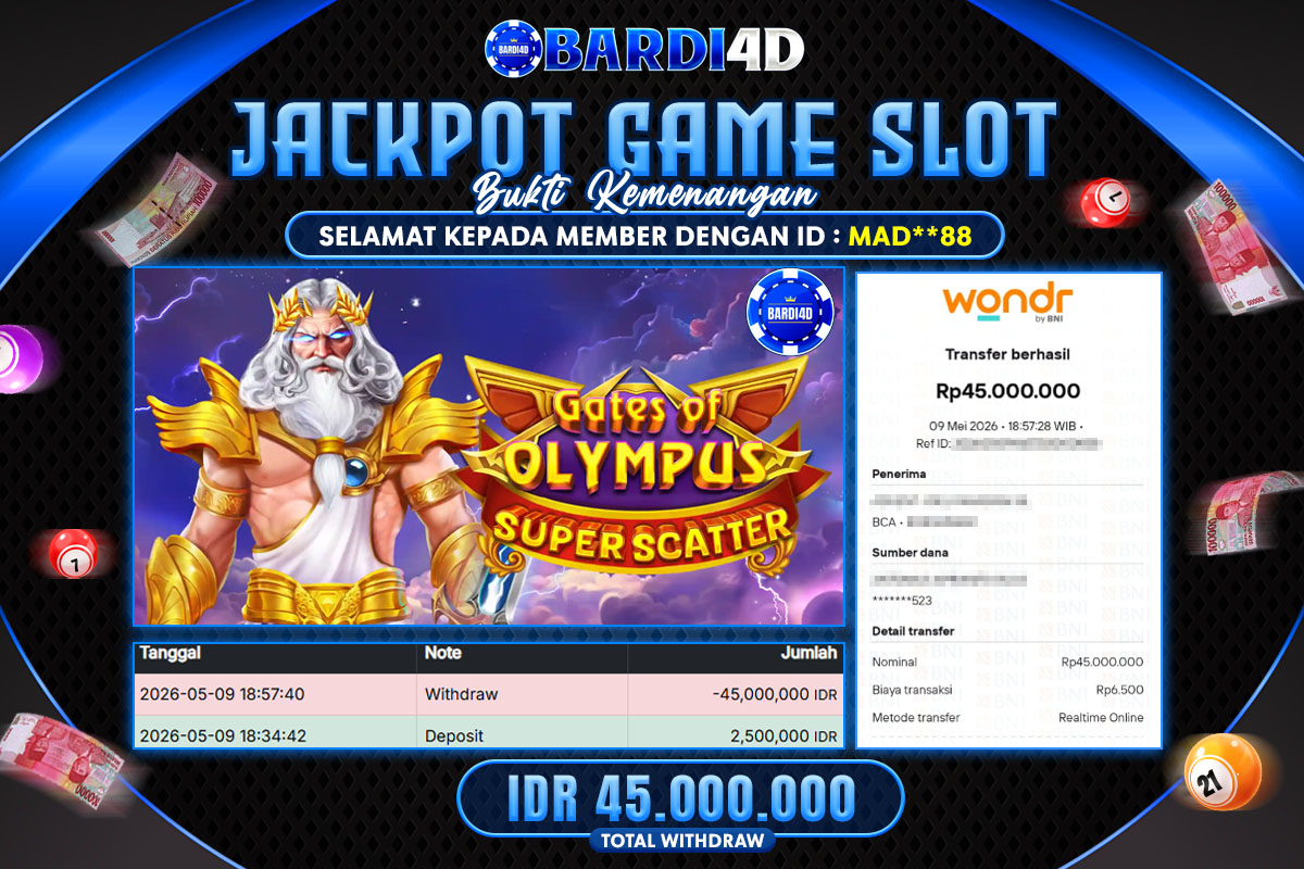 BARDI4D - BAYAR JACKPOT SLOT GATES OF OLYMPUS SUPER SCATER  TOTAL RP.45.000.000 | DIBAYAR LUNAS