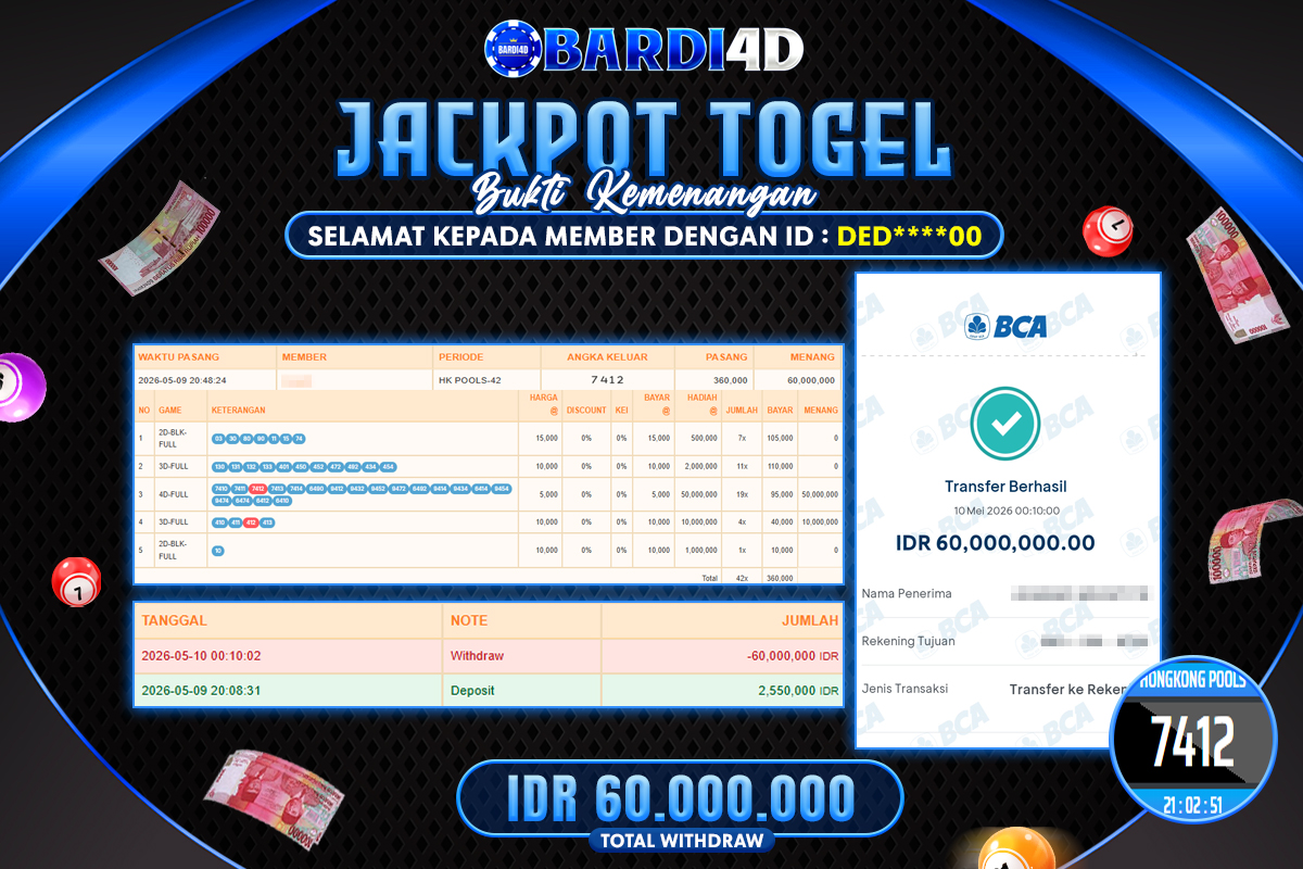 BARDI4D - BAYAR JACKPOT TOGEL HONGKONG POOLS TOTAL RP.60.000.000 | DIBAYAR LUNAS