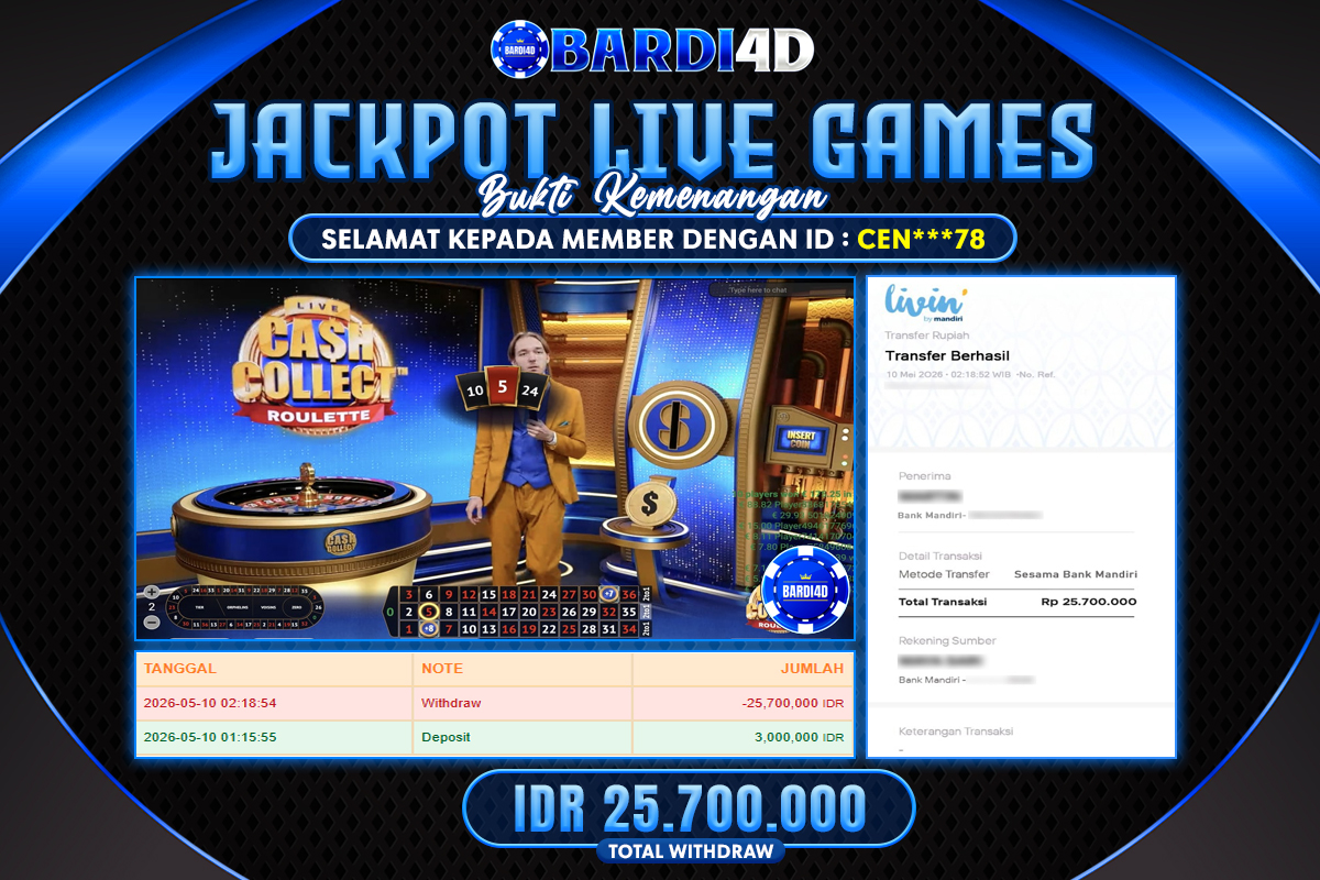 BARDI4D - BAYAR JACKPOT LIVE GAMES CASH COLLECT ROULETTE TOTAL RP.25.700.000 | DIBAYAR LUNAS
