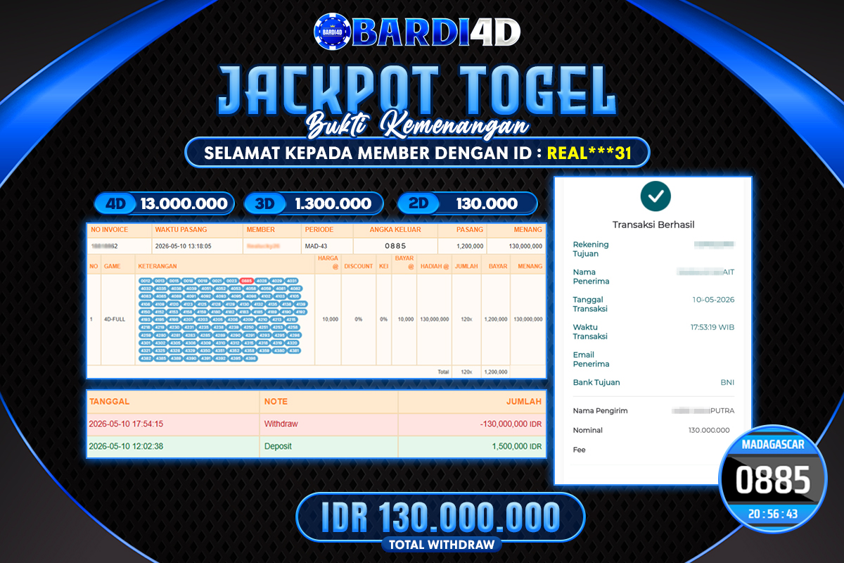 BARDI4D - BAYAR JACKPOT TOGEL MADAGASCAR TOTAL RP.130.000.000 | DIBAYAR LUNAS
