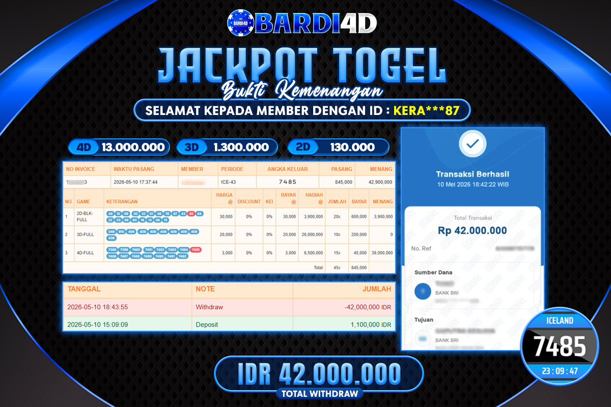 BARDI4D - BAYAR JACKPOT TOGEL ICELAND TOTAL RP.42.000.000 | DIBAYAR LUNAS