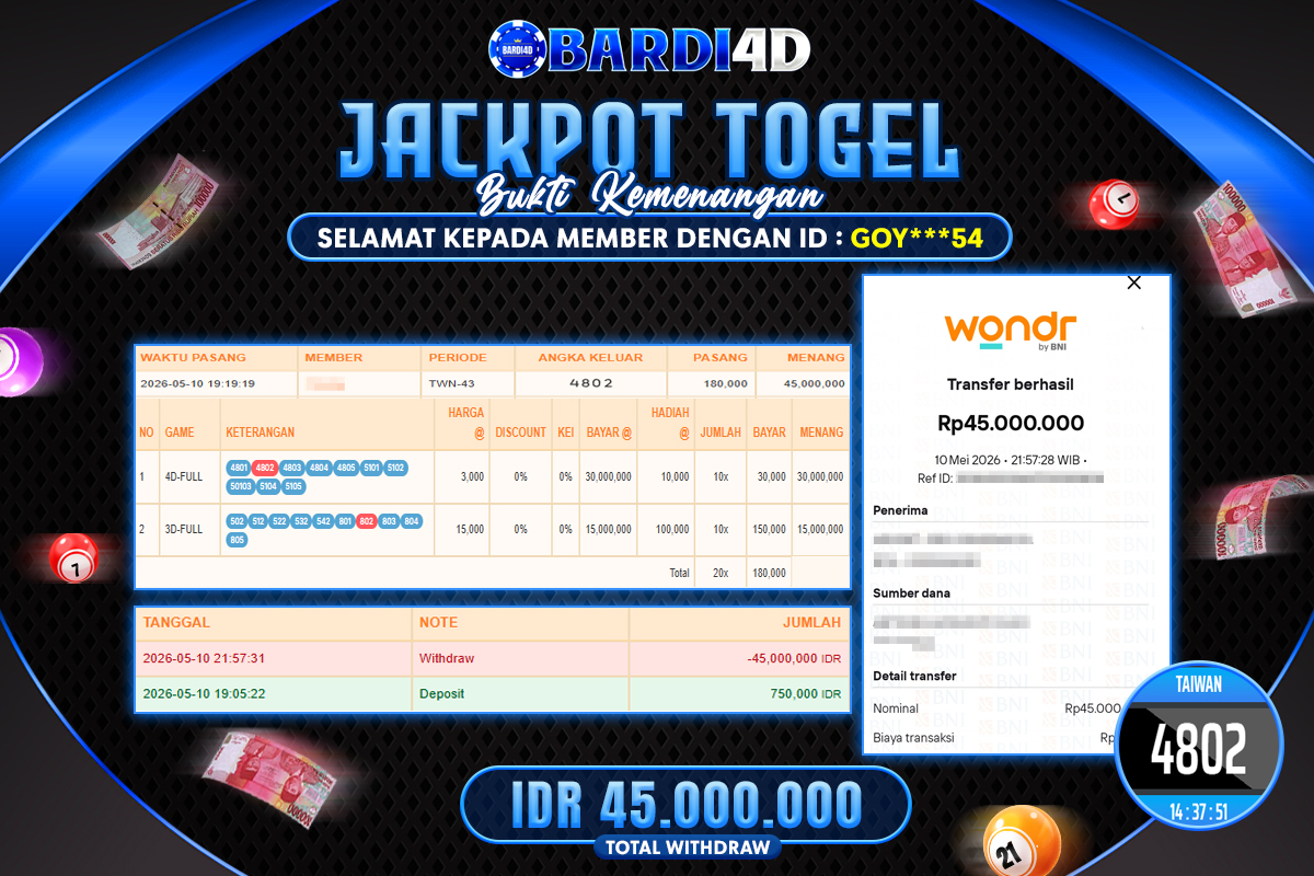 BARDI4D - BAYAR JACKPOT TOGEL TAIWAN TOTAL RP.45.000.000 | DIBAYAR LUNAS