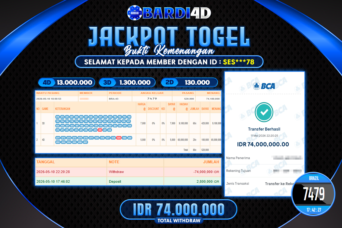 BARDI4D - BAYAR JACKPOT TOGEL BRAZIL TOTAL RP.74.000.000 | DIBAYAR LUNAS