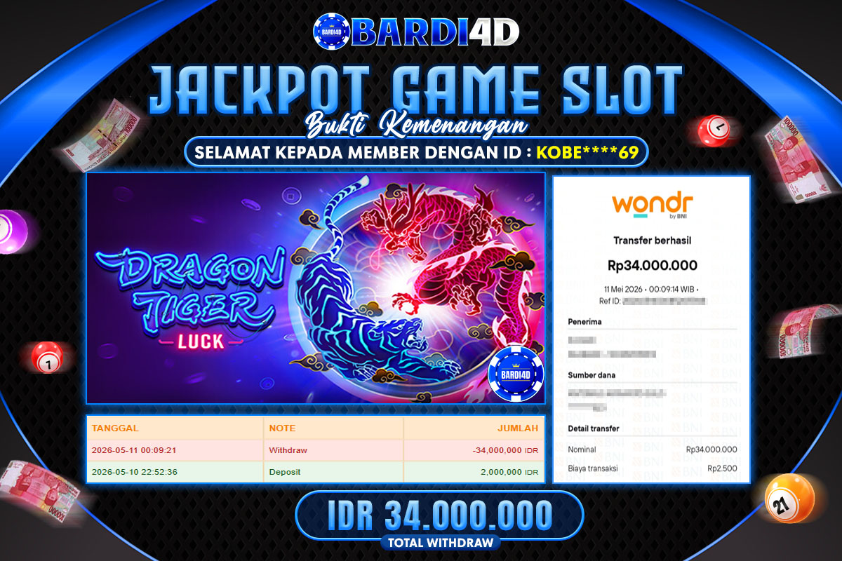 BARDI4D - BAYAR JACKPOT SLOT DRAGON TIGER LUCK TOTAL RP.34.000.000 | DIBAYAR LUNAS