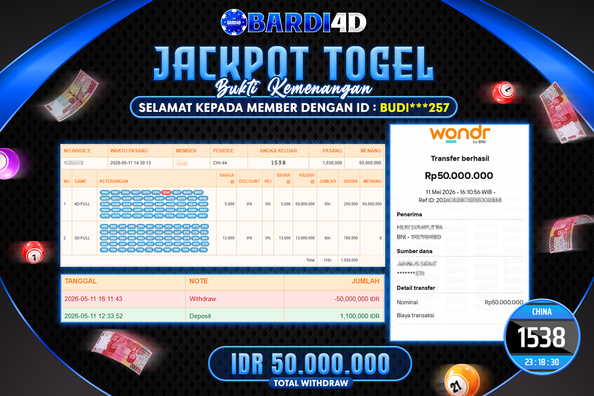 BARDI4D - BAYAR JACKPOT TOGEL CHINA TOTAL RP.50.000.000 | DIBAYAR LUNAS