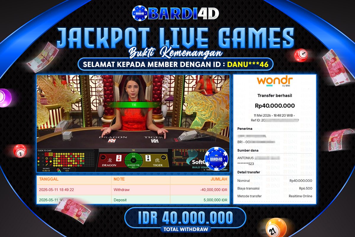 BARDI4D - BAYAR JACKPOT DRAGON TIGER LIVE CASINO TOTAL RP.40.000.000 | DIBAYAR LUNAS