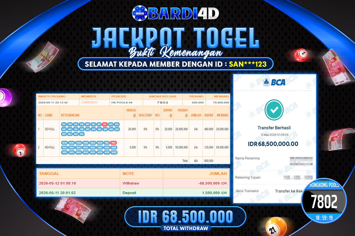 BARDI4D - BAYAR JACKPOT TOGEL HONGKONG POOLS TOTAL RP.68.500.000 | DIBAYAR LUNAS
