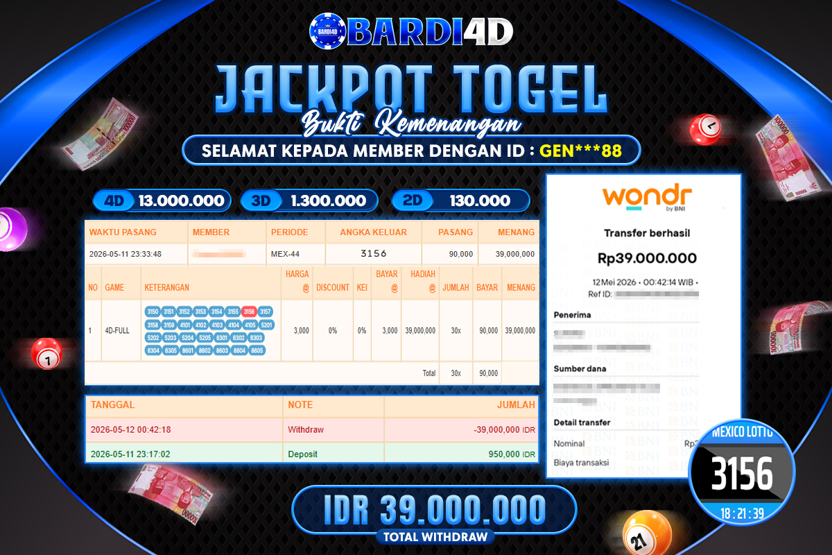 BARDI4D - BAYAR JACKPOT TOGEL MEXICO LOTTO TOTAL RP.39.000.000 | DIBAYAR LUNAS