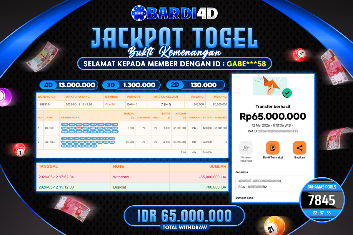 BARDI4D - BAYAR JACKPOT TOGEL BAHAMAS POOLS TOTAL RP.65.000.000 | DIBAYAR LUNAS