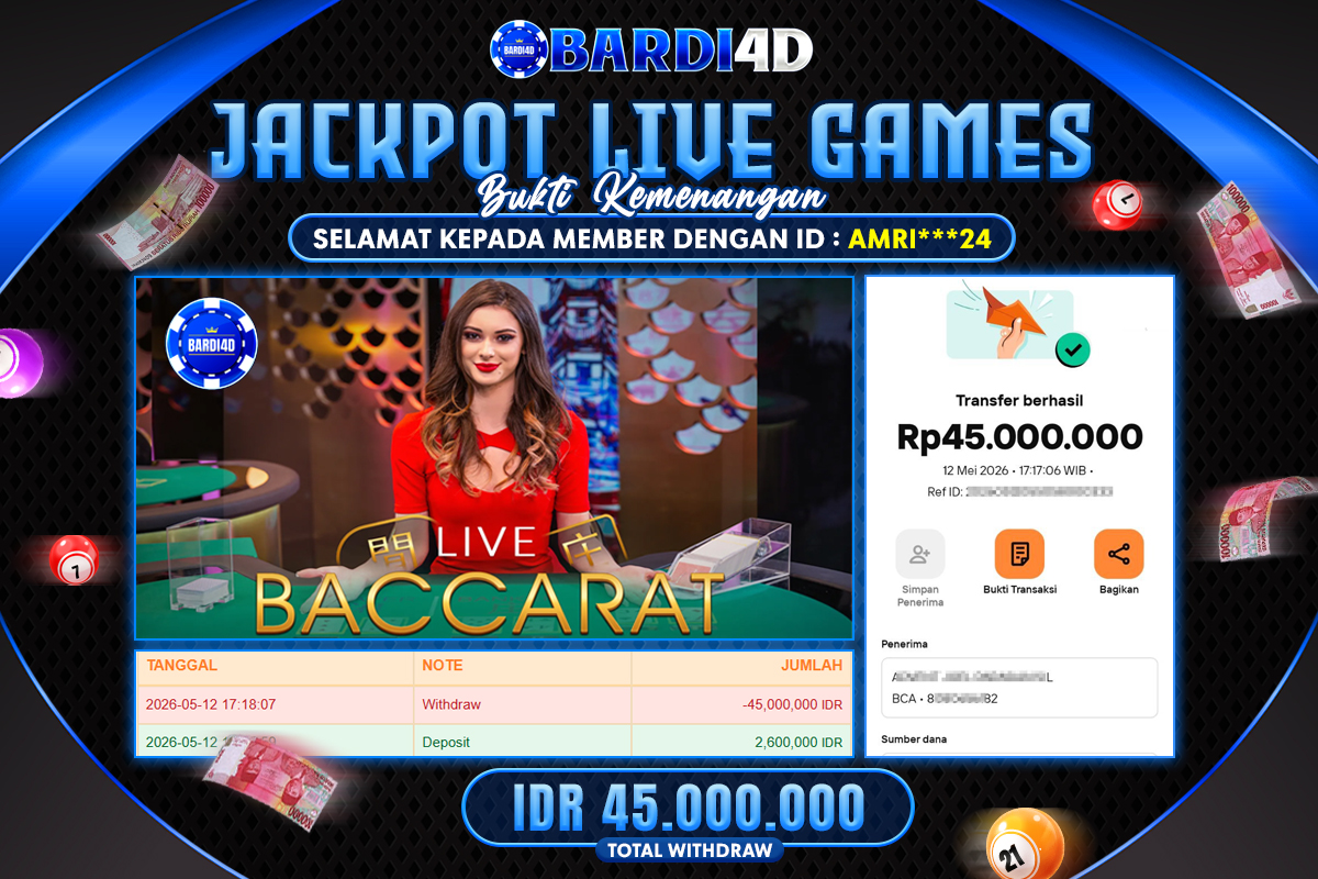 BARDI4D - BAYAR JACKPOT LIVE CASINO BACCARAT TOTAL RP.45.000.000 | DIBAYAR LUNAS