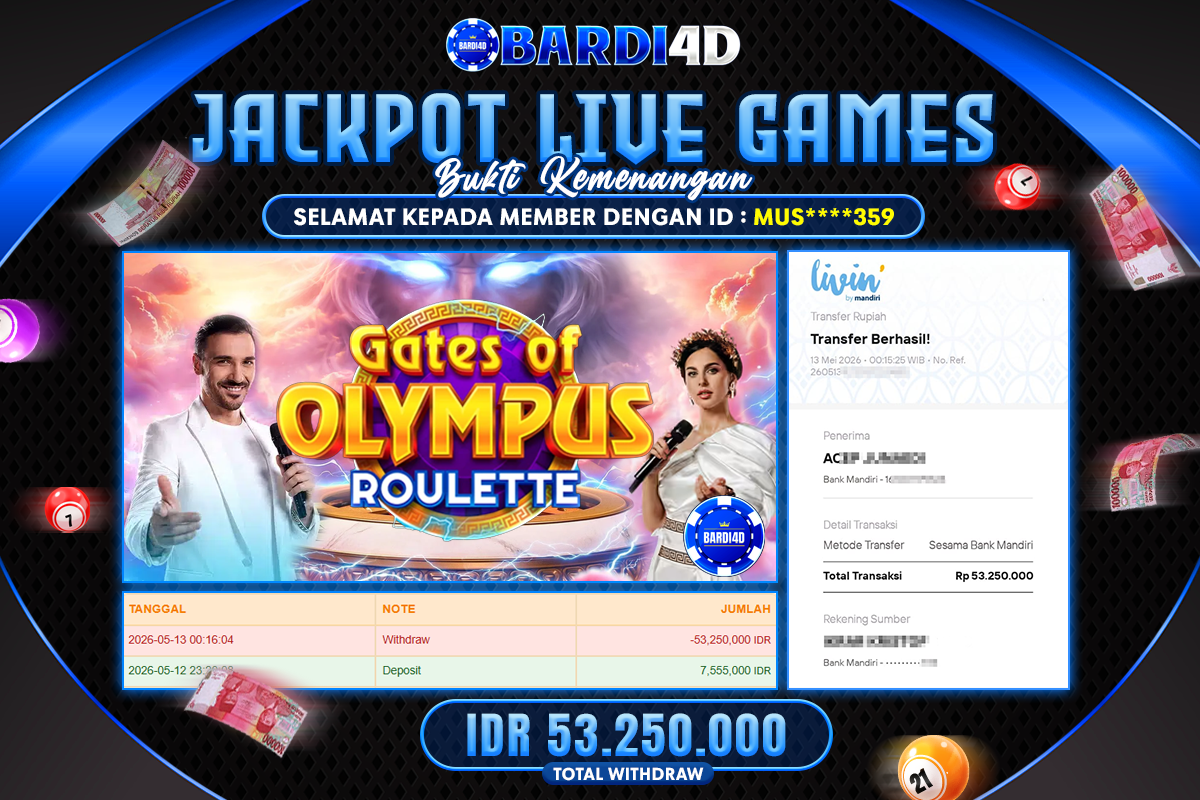 BARDI4D - BAYAR JACKPOT LIVEGAMES GATES OF OLYMPUS ROULETTE TOTAL Rp 53.250.000 | DIBAYAR LUNAS