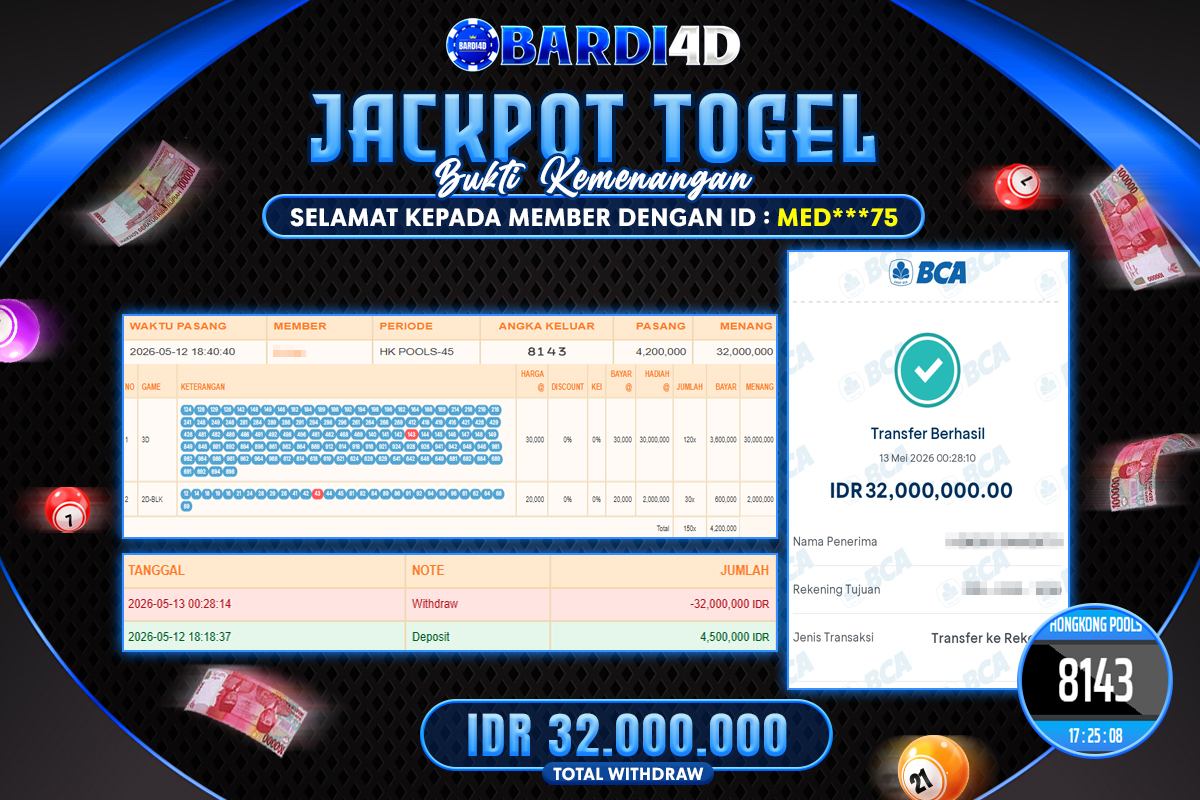 BARDI4D - BAYAR JACKPOT TOGEL HONGKONG POOLS TOTAL RP.32.000.000 | DIBAYAR LUNAS