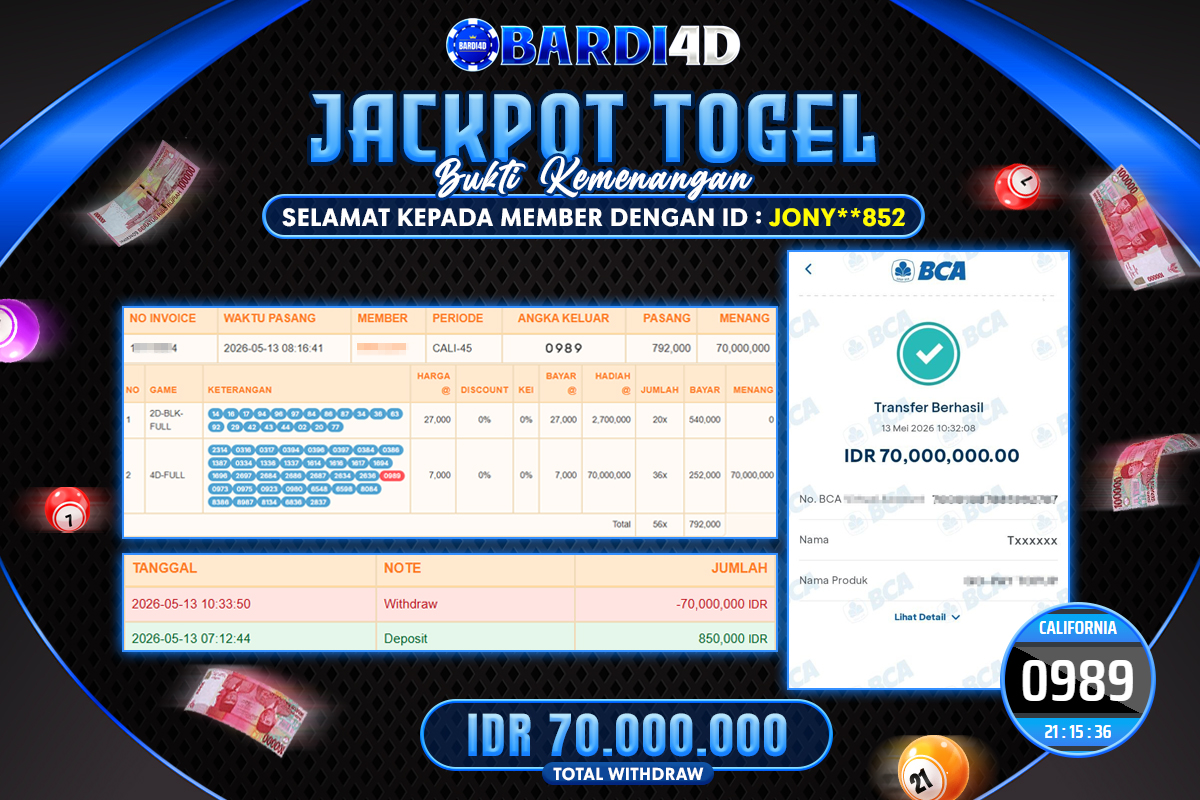 BARDI4D - BAYAR JACKPOT TOGEL CALIFORNIA TOTAL RP.70.000.000 | DIBAYAR LUNAS