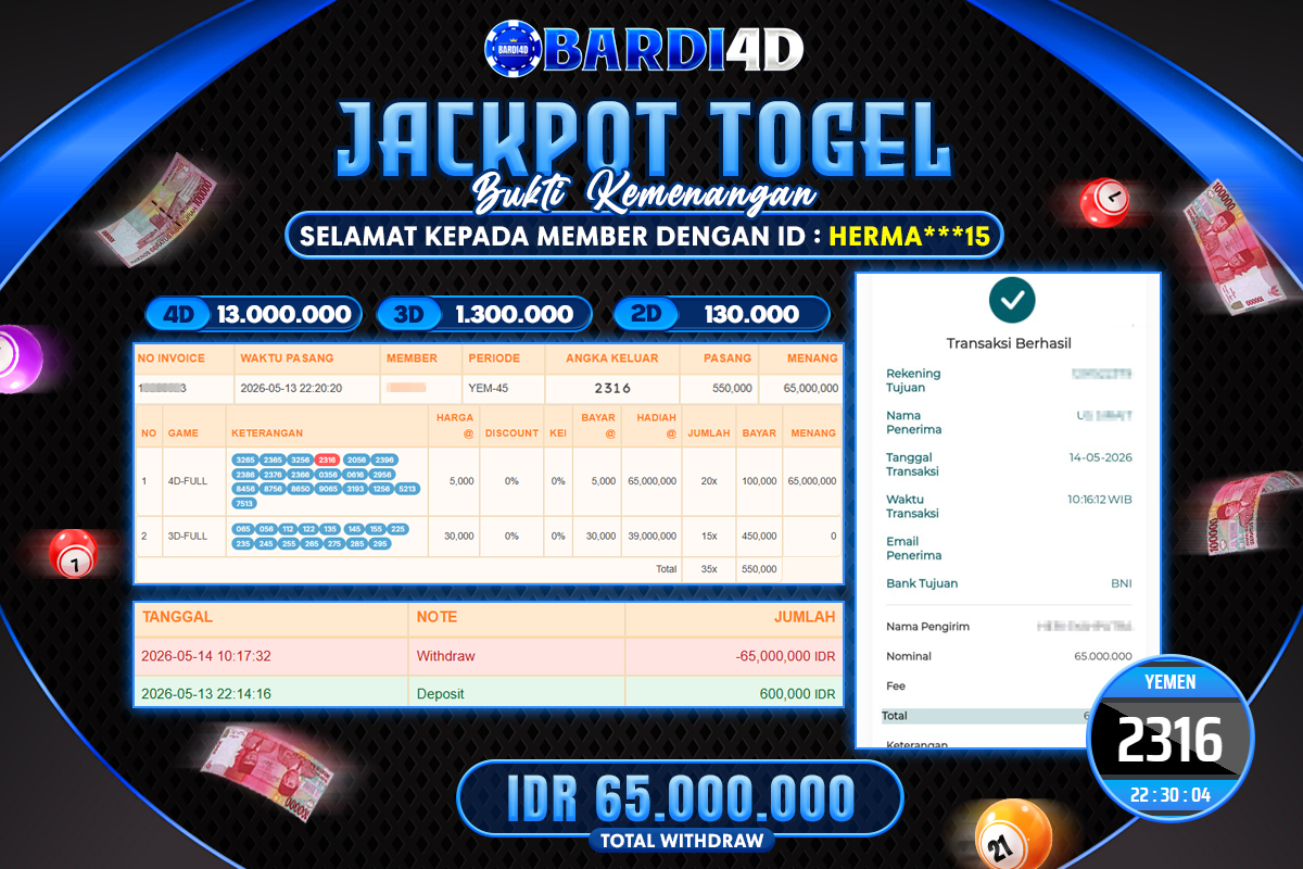 BARDI4D - BAYAR JACKPOT TOGEL YEMEN TOTAL RP.65.000.000 | DIBAYAR LUNAS