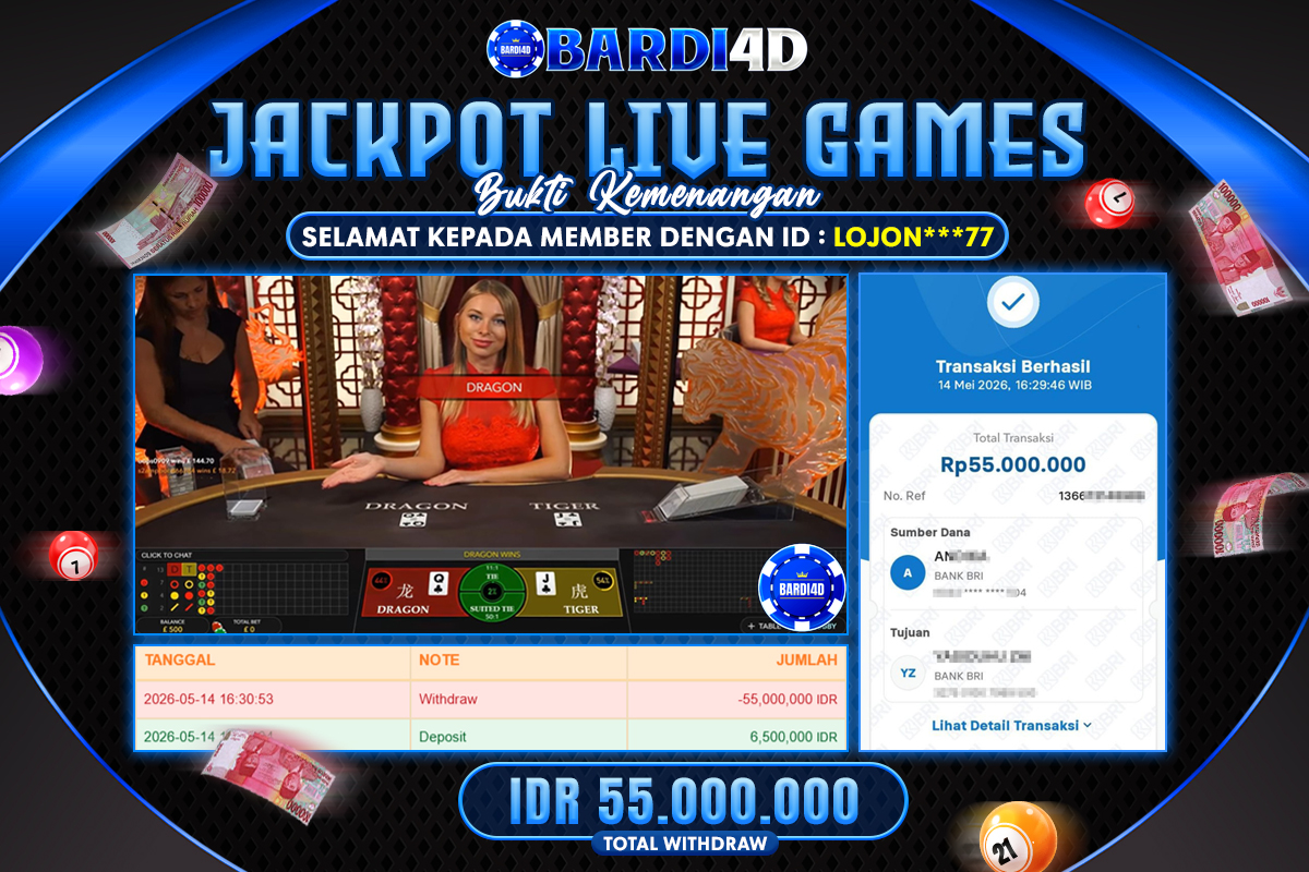 BARDI4D - BAYAR JACKPOT DRAGON TIGER LIVE CASINO TOTAL RP.55.000.000 | DIBAYAR LUNAS