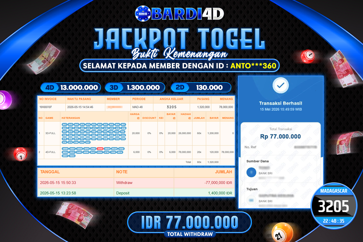 BARDI4D - BAYAR JACKPOT TOGEL MADAGASCAR TOTAL RP.77.000.000 | DIBAYAR LUNAS