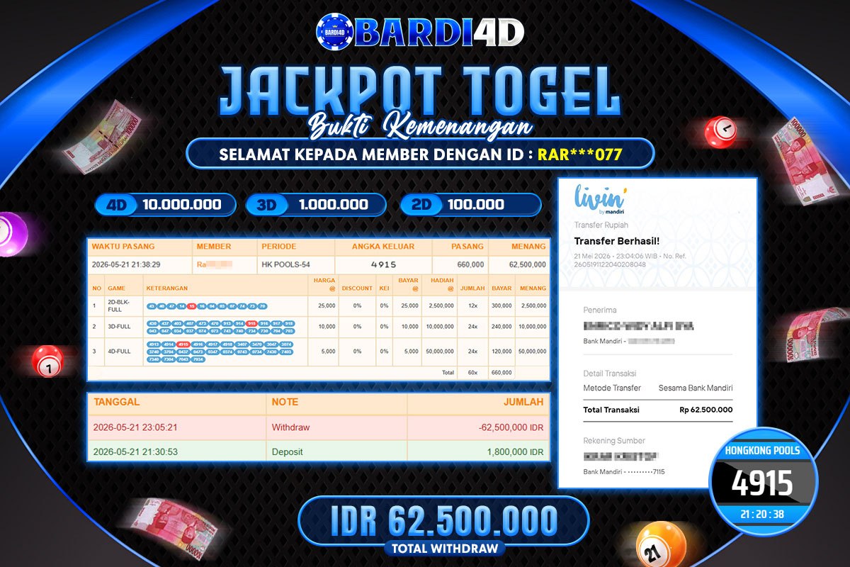 BARDI4D - BAYAR JACKPOT TOGEL HONGKONG POOLS TOTAL RP.62.500.000 | DIBAYAR LUNAS