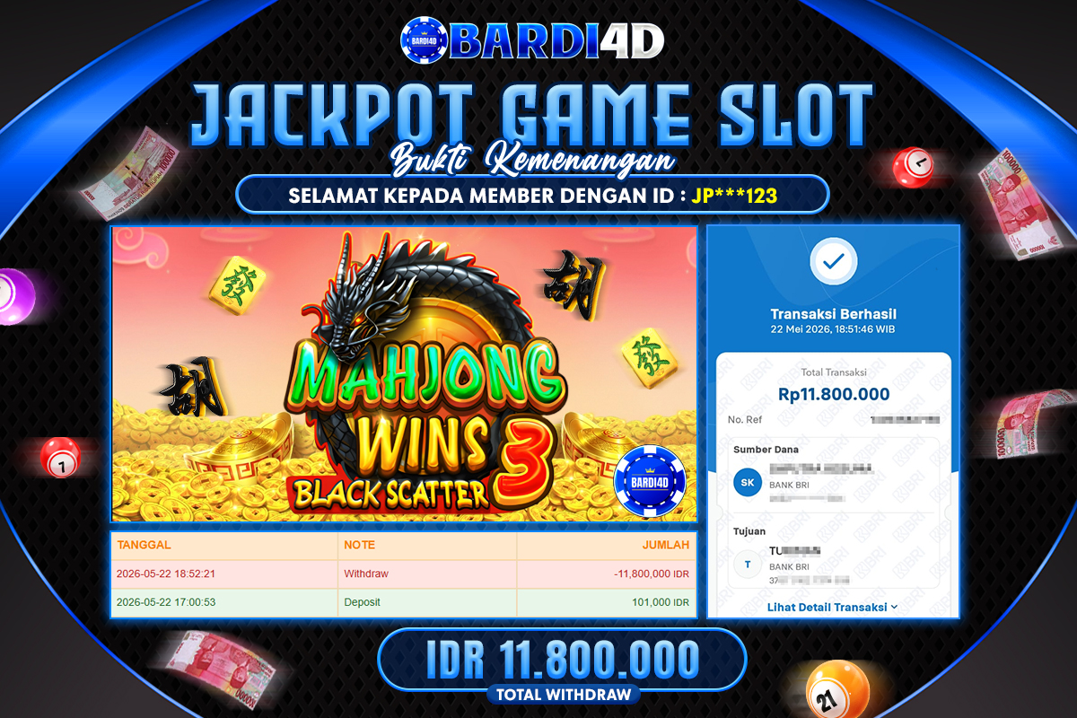 BARDI4D - BAYAR JACKPOT SLOT MAHJONG WINS BLACK SCATTER  TOTAL RP.11.800.000 | DIBAYAR LUNAS