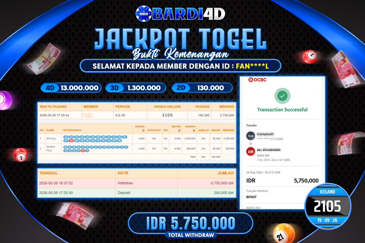 BARDI4D - BAYAR JACKPOT TOGEL ICELAND TOTAL RP 5.750.000 | DIBAYAR LUNAS