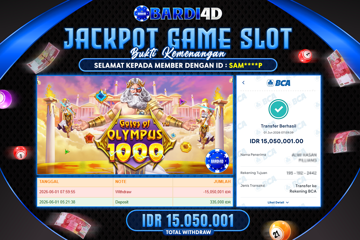 BARDI4D - BAYAR JACKPOT SLOT GATES OF OLYMPUS 1000 TOTAL RP.15.050.001 | DIBAYAR LUNAS