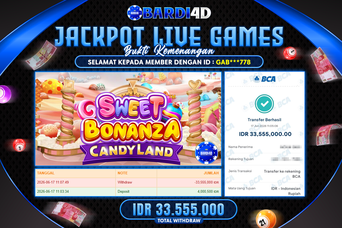 BARDI4D - BAYAR JACKPOT LIVEGAME SWEET BONANZA CANDYLAND TOTAL RP.33.555.000 | DIBAYAR LUNAS