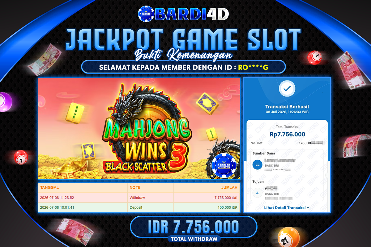 BARDI4D - BAYAR JACKPOT SLOT MAHJONG WINS 3 BLACK SCATTER TOTAL RP.7.756.000 | DIBAYAR LUNAS