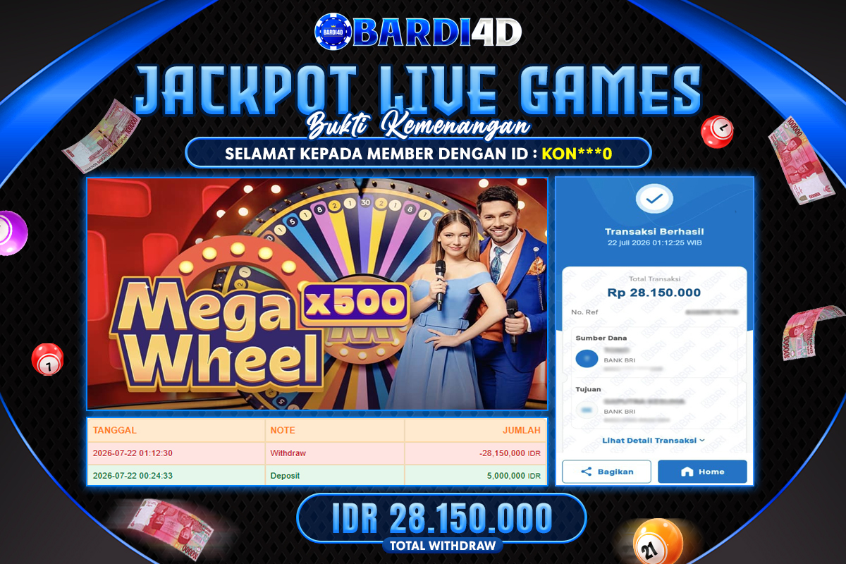 BARDI4D - BAYAR JACKPOT LIVE GAMES MEGA WHEEL TOTAL RP.28.150.000 | DIBAYAR LUNAS