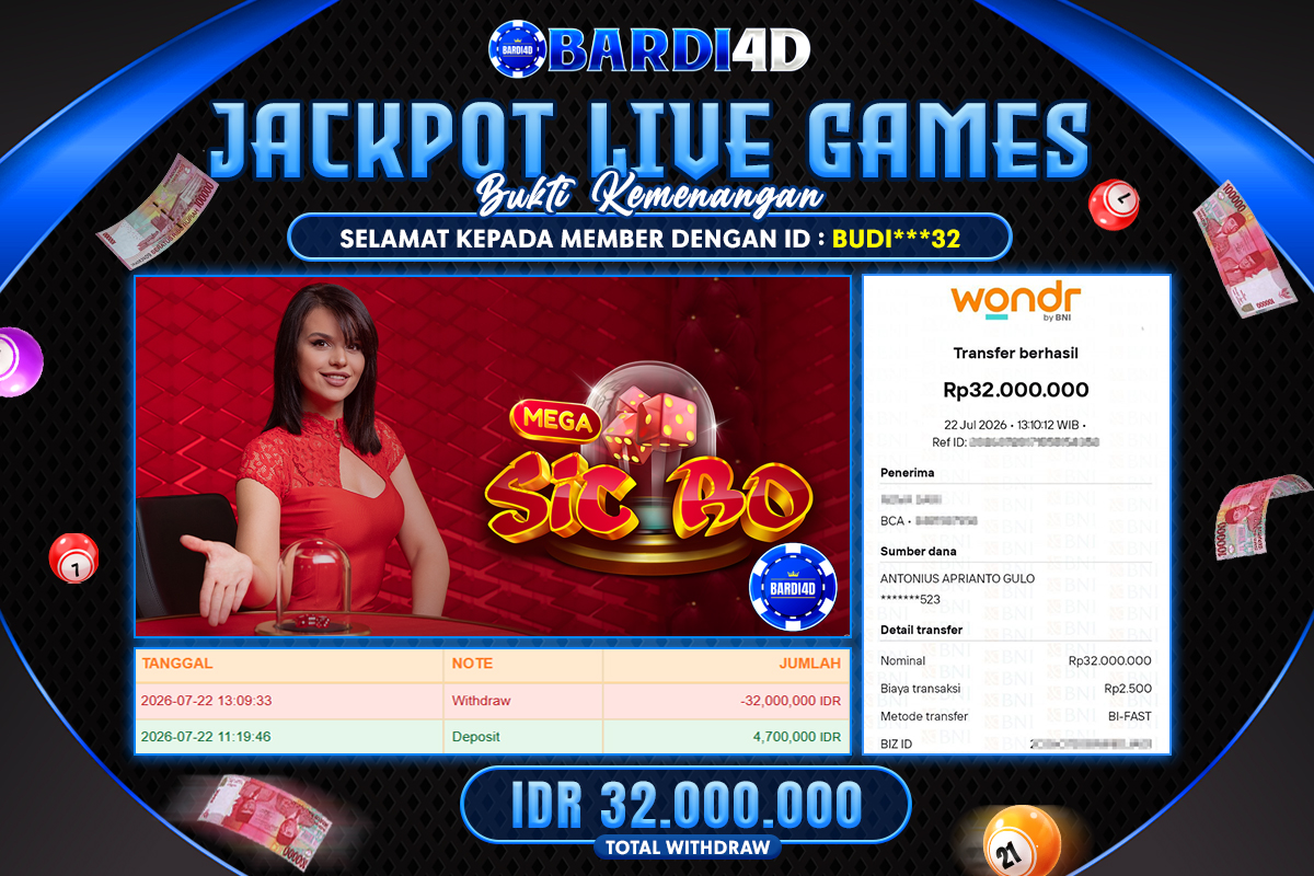 BARDI4D - BAYAR JACKPOT LIVEGAMES CASINO MEGA SICBO TOTAL RP.32.000.000 | DIBAYAR LUNAS