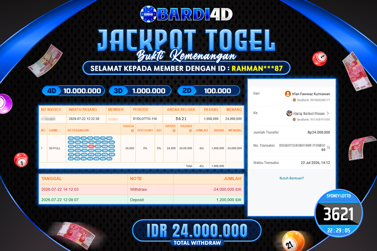 BARDI4D - BAYAR JACKPOT TOGEL SYDNEY LOTTO TOTAL RP.24.000.000 | DIBAYAR LUNAS