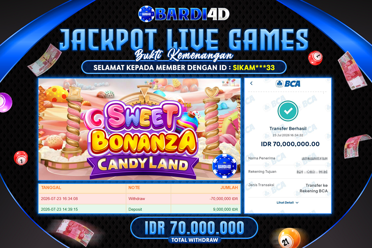 BARDI4D - BAYAR JACKPOT SWEET BONANZA CANDYLAND LIVEGAMES TOTAL RP.70.000.000 | DIBAYAR LUNAS