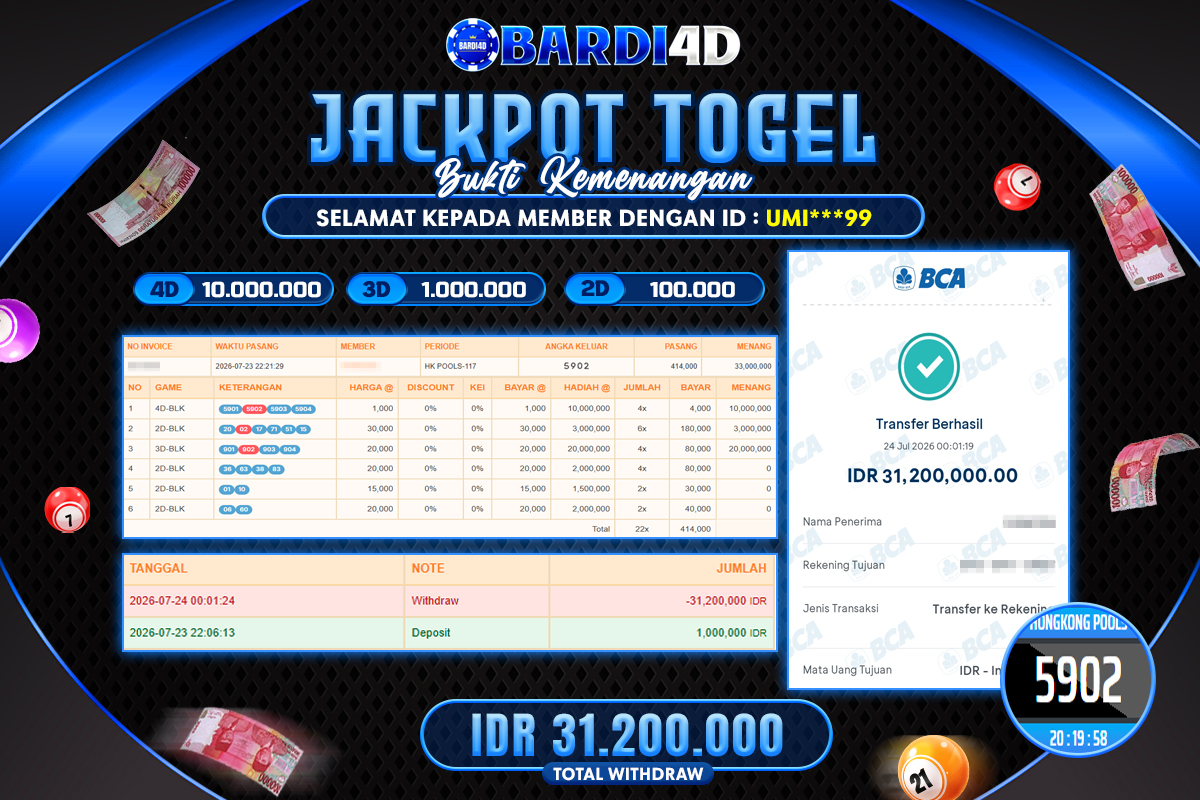 BARDI4D - BAYAR JACKPOT TOGEL HONGKONG POOLS TOTAL RP.31.200.000 | DIBAYAR LUNAS