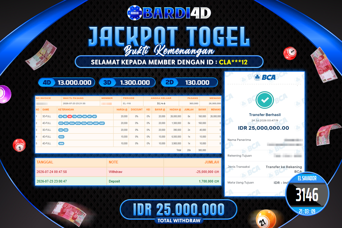 BARDI4D - BAYAR JACKPOT TOGEL EL SAVADOR TOTAL RP.25.000.000 | DIBAYAR LUNAS