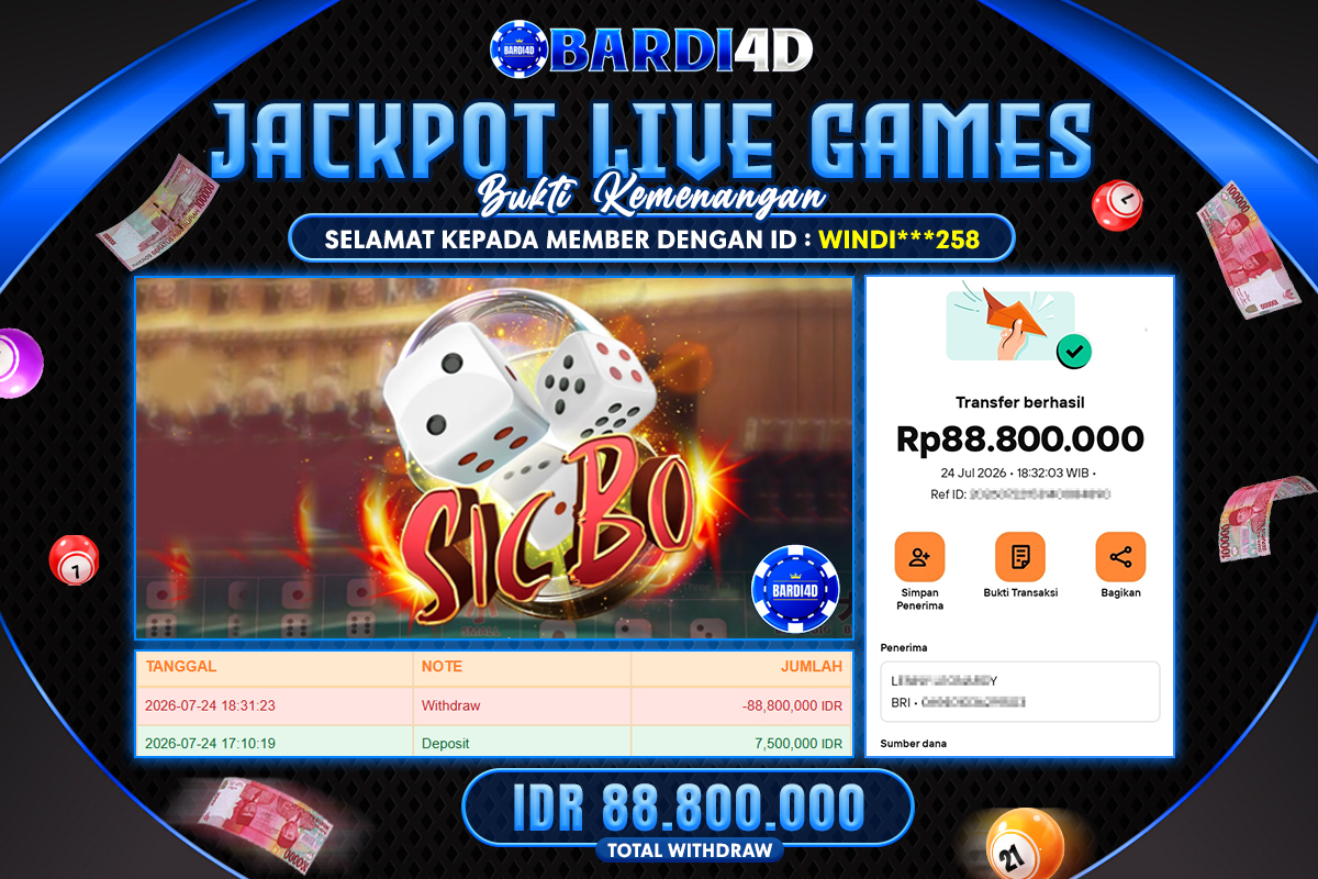 BARDI4D - BAYAR JACKPOT SICBO LIVEGAMES TOTAL RP.88.800.000 | DIBAYAR LUNAS