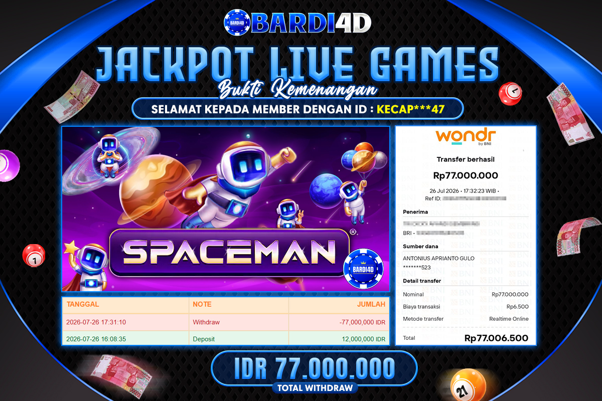 BARDI4D - BAYAR JACKPOT LIVE GAMES SPACEMAN TOTAL RP.77.000.000 | DIBAYAR LUNAS