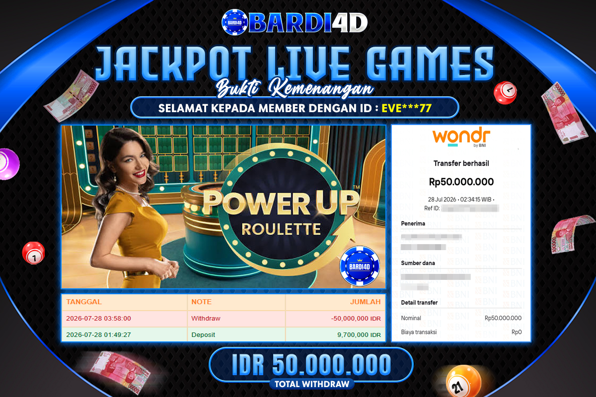 BARDI4D - BAYAR JACKPOT LIVE GAMES POWER UP ROULETTE TOTAL RP.50.000.000 | DIBAYAR LUNAS