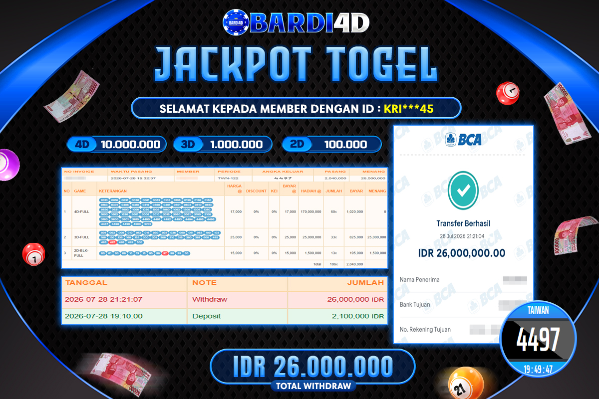 BARDI4D - BAYAR JACKPOT TOGEL TAIWAN TOTAL RP.26.000.000 | DIBAYAR LUNAS