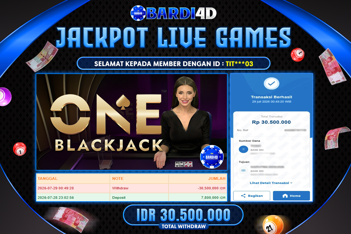 BARDI4D - BAYAR JACKPOT LIVE GAMES ONE BLACKJACK TOTAL RP.30.500.000 | DIBAYAR LUNAS
