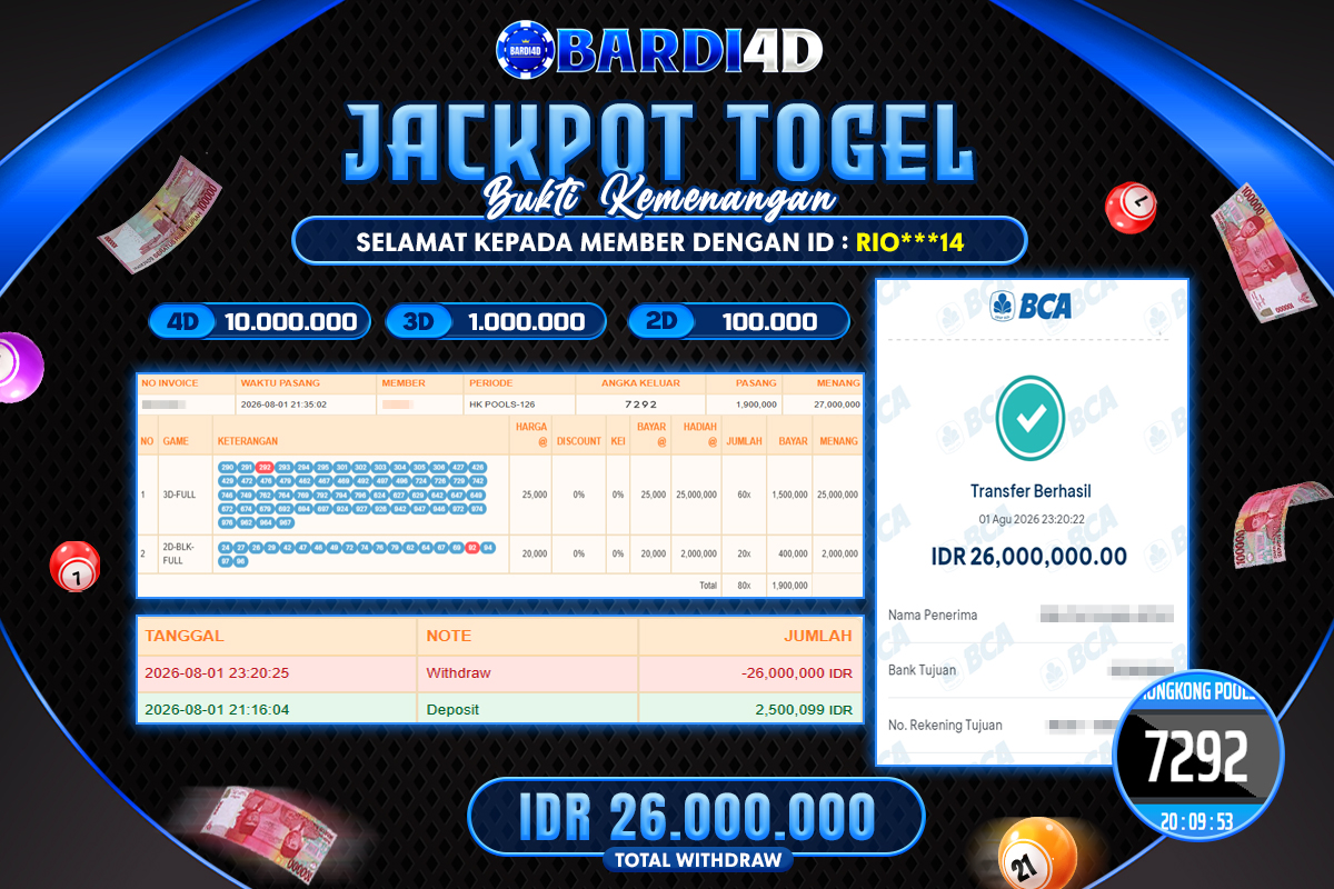 BARDI4D - BAYAR JACKPOT TOGEL HONGKONG POOLS TOTAL RP.26.000.000 | DIBAYAR LUNAS
