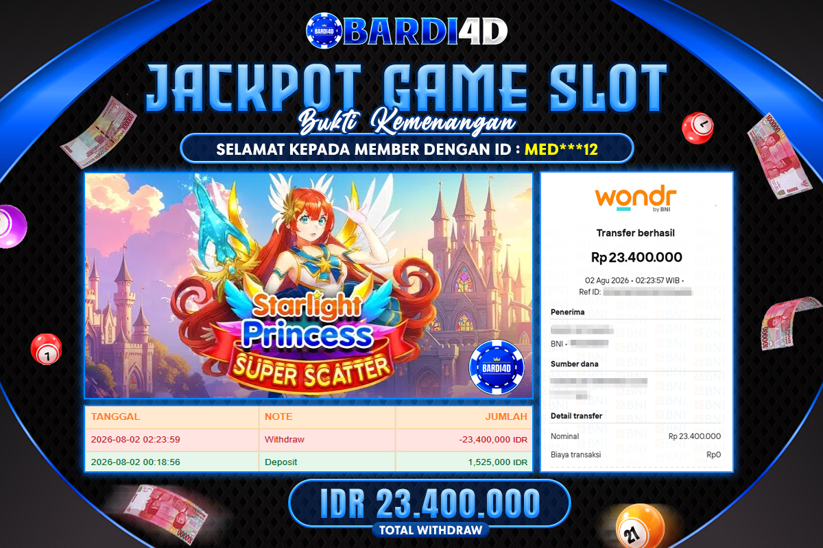 BARDI4D - BAYAR JACKPOT SLOT STARLIGHT PRINCESS SUPER SCATTER TOTAL RP.23.400.000 | DIBAYAR LUNAS