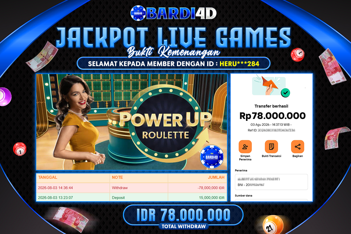 BARDI4D - BAYAR JACKPOT LIVE GAMES POWER UP ROULETTE TOTAL RP.78.000.000 | DIBAYAR LUNAS