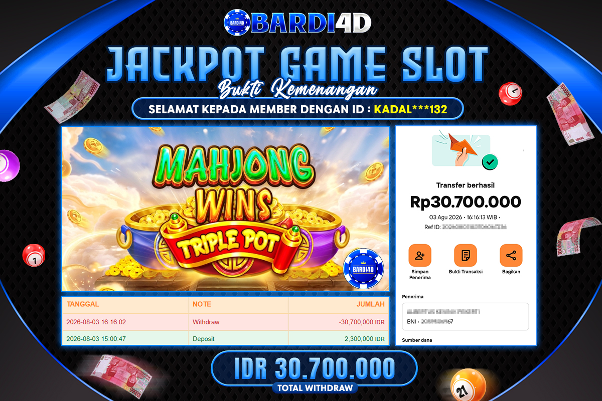 BARDI4D - BAYAR JACKPOT SLOT MAHJONG WINS TRIPLE POT TOTAL RP.30.700.000 | DIBAYAR LUNAS