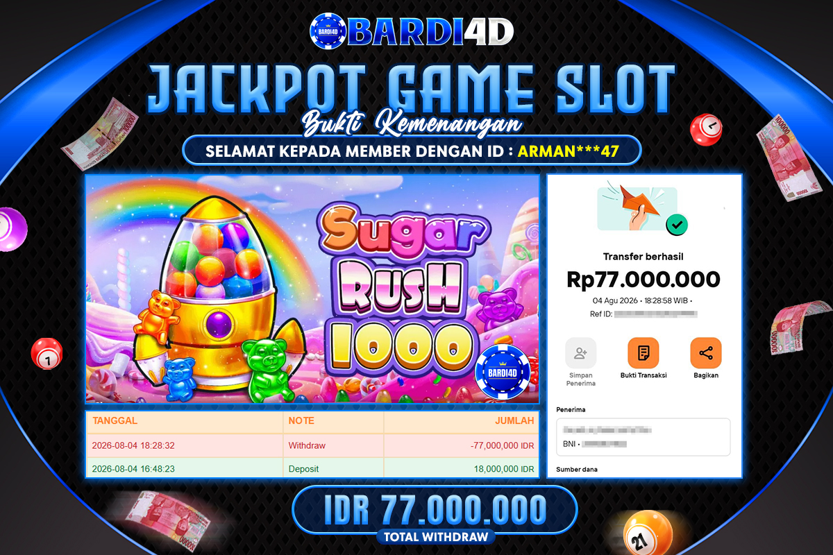 BARDI4D - BAYAR JACKPOT SLOT SUGAR RUSH 1000 TOTAL RP.77.000.000 | DIBAYAR LUNAS