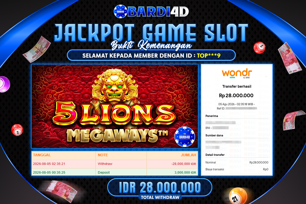 BARDI4D - BAYAR JACKPOT SLOT 5 LIONS MEGAWAYS TOTAL RP.28.000.000 | DIBAYAR LUNAS
