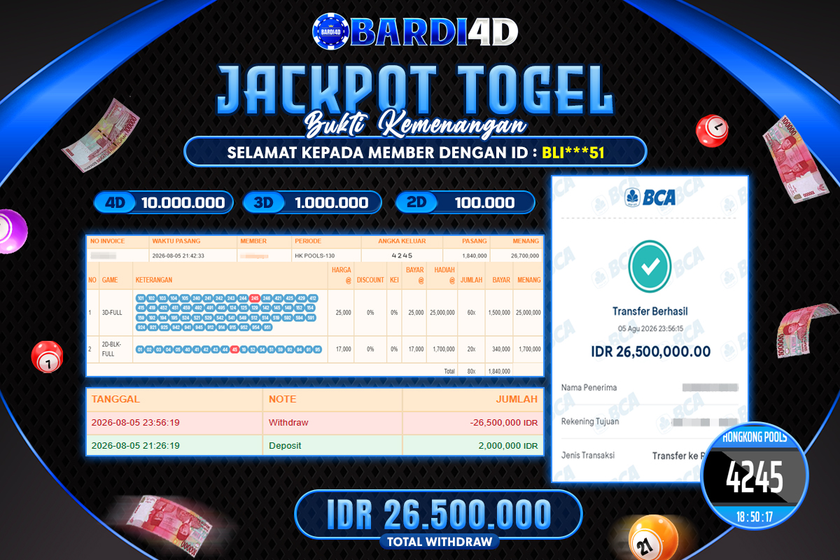 BARDI4D - BAYAR JACKPOT TOGEL HONGKONG POOLS TOTAL RP.26.500.000 | DIBAYAR LUNAS